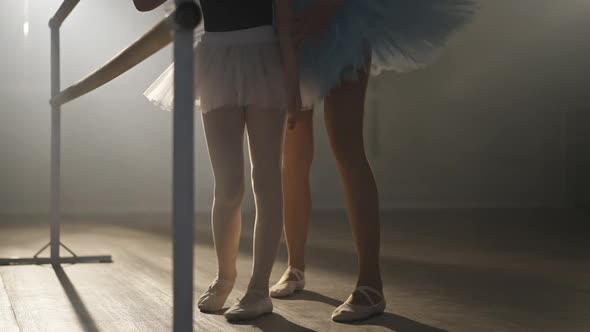 Slim Female Legs of Young Woman and Little Girl in Tutu at Ballet Barre in Backlit Fog