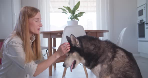 Portrait of Woman Sitting on the Floor and Hugging Her Pet Siberian Husky Dog