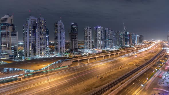 Aerial Top View to Sheikh Zayed Road Near Dubai Marina and JLT Timelapse Dubai