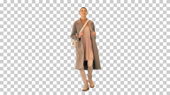 Young Woman In a Coat Dancing While Walking, Alpha Channel