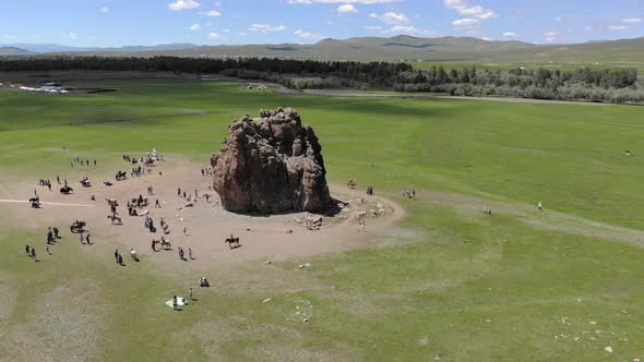 Tourists Religious Symbol Taikhar Chuluu Rock in Arkhangai Aimag, Mongolia