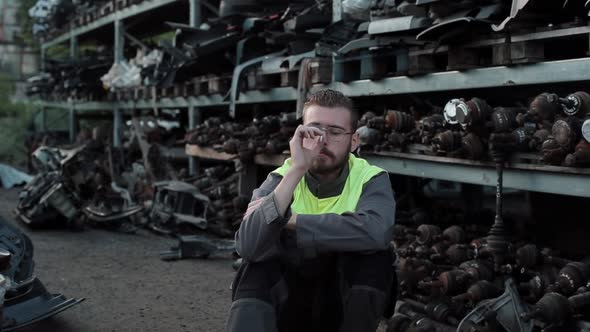 A Young Bearded Mechanic in Glasses and in Gray Overalls Sits and Smokes in a Spare Parts Warehouse