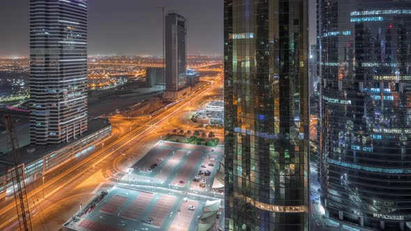 Office Buildings in Jumeirah Lake Towers District Night Timelapse in Dubai