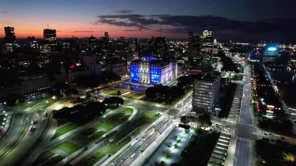 Buenos Aires Argentina. Sunset cityscape landscape of tourism landmark.