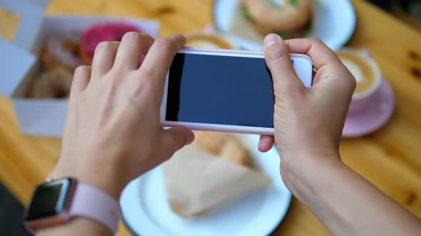 Food Photography. Hands Taking Photos Of Breakfast With Smartphone.