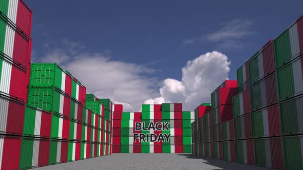 Containers with BLACK FRIDAY Text and Flags of Italy