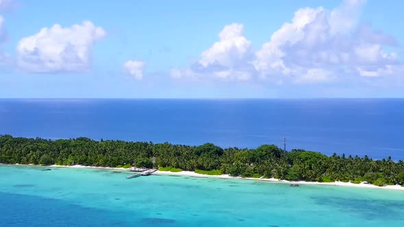 Drone aerial tourism of shore beach trip by clear ocean and sand background