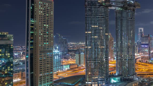 Amazing Aerial View of Dubai Downtown Skyscrapers Night Timelapse Dubai United Arab Emirates