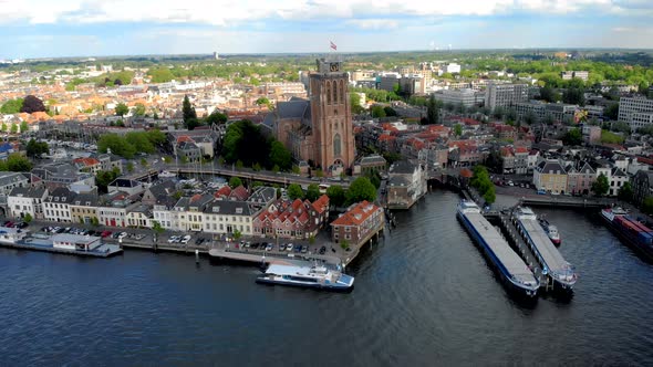 Dordrecht Netherlands Skyline of the Old City of Dordrecht with Church and Canal Buildings in the