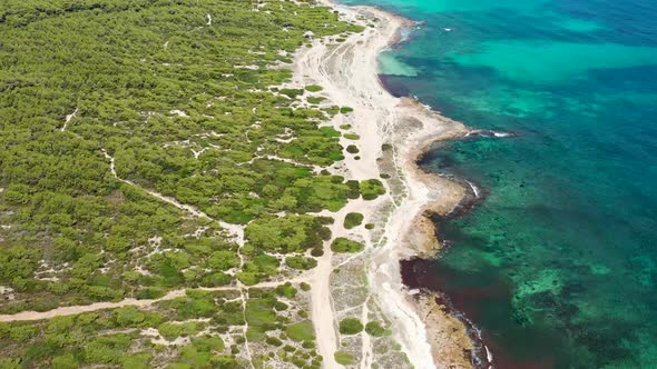 Aerial drone footage of the beach front on the Spanish island of Majorca Mallorca, Spain