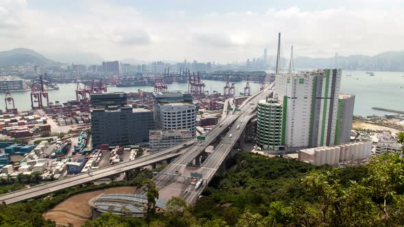 Container Port Hong Kong Overpass Road Over Green Forest