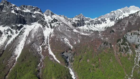 Early spring day in alpine mountains covered in snow and green forests