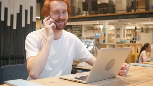 Redhead Beard Man Talking on Phone, Attending Phone Call