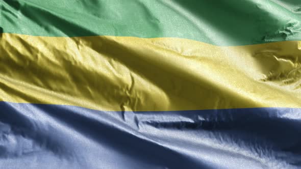 Gabon textile flag waving on the wind. Slow motion. 20 seconds loop.