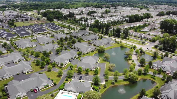 A high aerial forward view of typical mid-western Ohio residential neighborhoods.