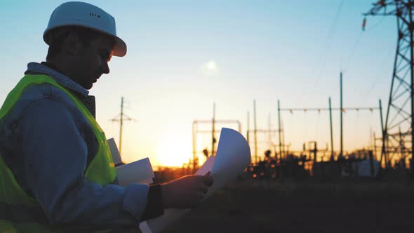 Architect Worker Checking Construction Project On Electric Tower