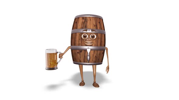 Cartoon Wooden Barrel Walking Beer Loop On White Background