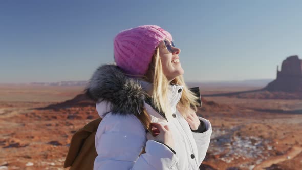 Portrait Young Smiling Woman Enjoying Outdoor Adventure in Monument Valley USA