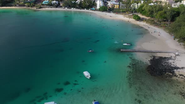 The View From the Height on the Beautiful Beach of Blue Bay with Boats Mauritius