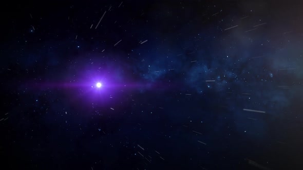 A purple orb travels at warp speed through space and away from the camera.