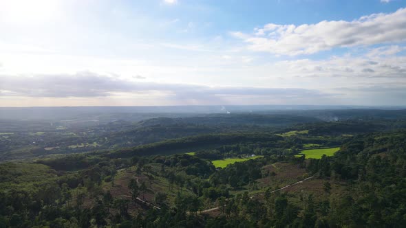 Panoramic view of Hazlemere countryside, England. Aerial forward