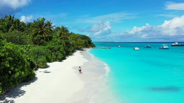 Single female posing on exotic island beach wildlife by blue water and white sand background of the 