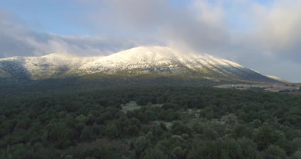 Aerial view of Mt. Meron with snow, Upper Galilee, Israel