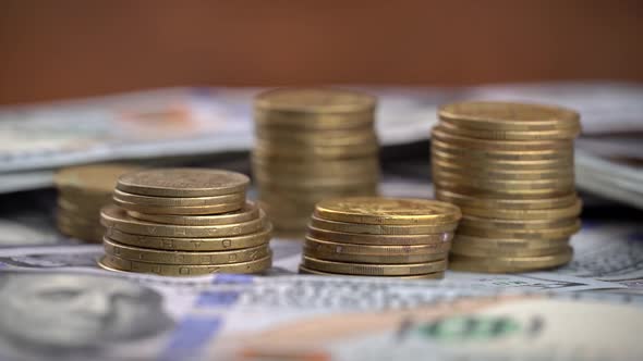 Girl Counts One Hundred Dollar Bills Next to the Columns of Coins