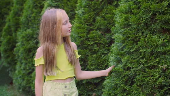 Teenager Girl Touching Hand Fluffy Green Cypress on Garden Walk. Happy Girl Walking in Summer Garden