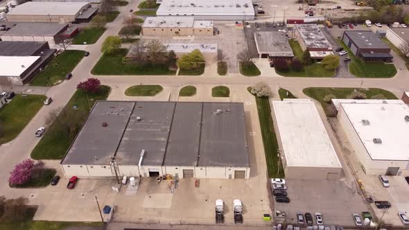 Aerial View Of Warehouse Buildings And Street In An Industrial Park In Sterling Heights, Michigan.