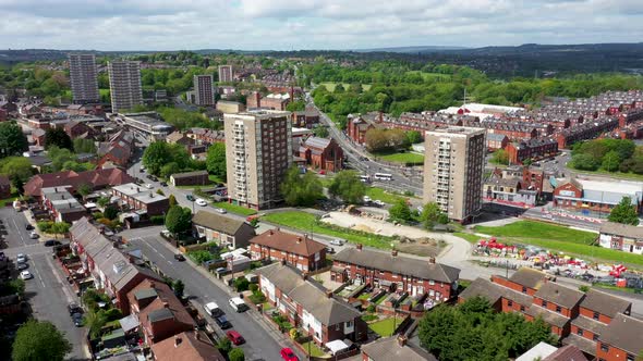 Aerial drone footage of the British town centre of Armley in Leeds West Yorkshire in the UK