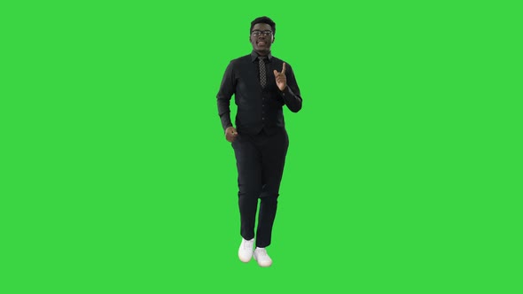 African American Businessman Glasses Tie Dancing His Hands While Walking Green Screen Chroma Key
