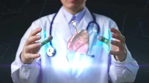 Doctor Using Digital X-Ray Human Lung Holographic Scan Projection 3D Rendering