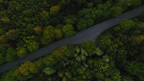 Aerial top shot above a street leading through a forest while a car is passing by the diagonal orien