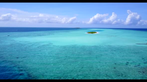 Aerial above tourism of perfect coastline beach journey by blue lagoon with white sandy background o