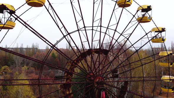 Chernobyl Exclusion Zone. Pripyat. Aerial. Abandoned Ferris Wheel.