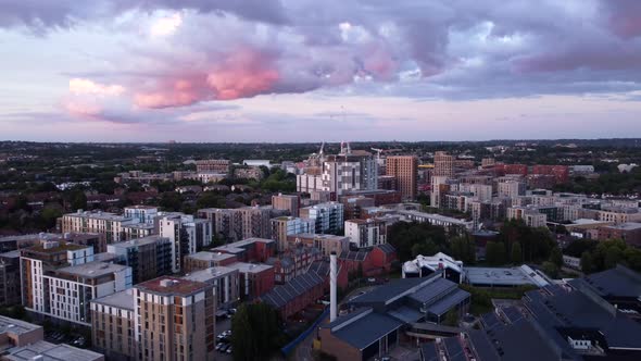 Beautiful aerial view of suburban London town in evening summer sunset