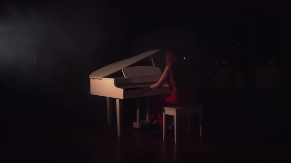 Pianist Plays Beautiful White Grand Piano on Stage in Concert . View From the