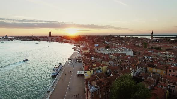 Famous Venice Water Front and Buildings During Sunset