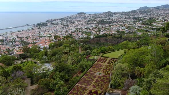 Flying over flower carpet and Funchal city, Madeira, Portugal