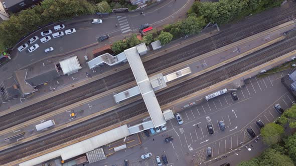 Commuter Trains at a Station in the UK Aerial Time Lapse