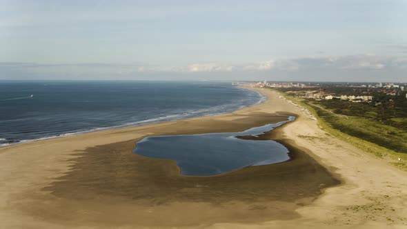 Aerial Drone Shot of The Sand Motor The Artificially Created Sandbar in The Netherlands.