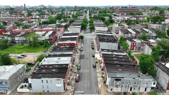 American inner city. Rising pullback reveal of ghetto in USA neighborhood.