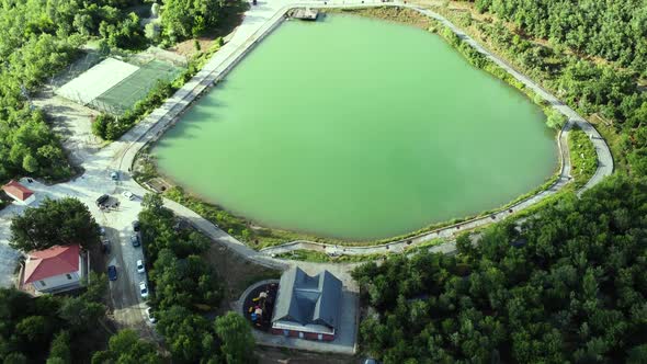 Aerial cinematic footage of the green lake in the forest