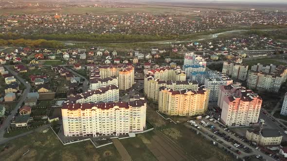 Aerial view of high residential apartment buildings at sunset in Ivano-Frankivsk city, Ukraine.