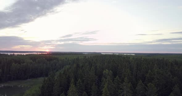 AERIAL ascending, revealing sunrise at horizon behind pine forrest skerries, Cold autumn morning.