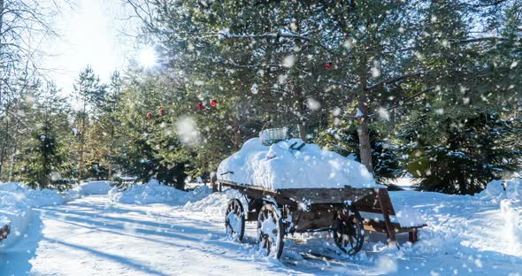 Cinemagraph, Winter Sunny Landscape in the Forest with a House, Slow Beautiful Snowfall, Video Loop