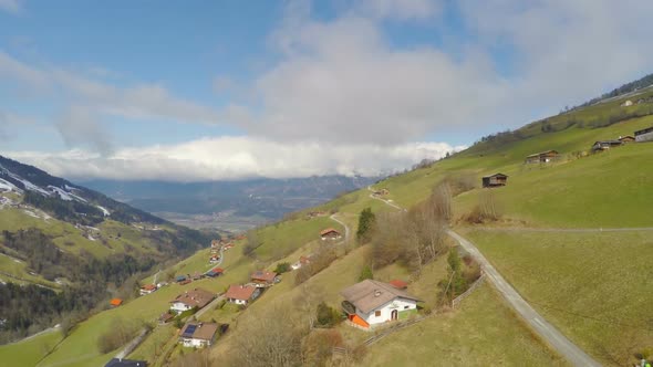 Beautiful Mountain Landscape, Houses on Green Slopes, Small Alpine Village