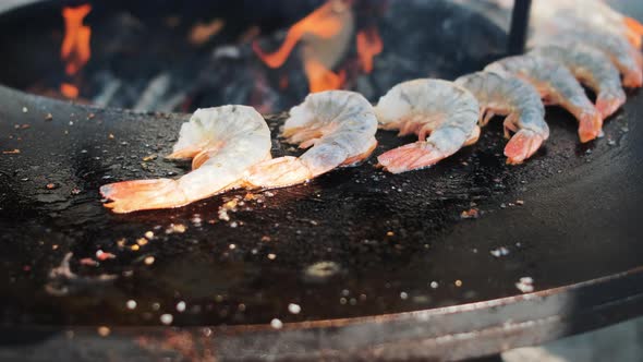 Prawns Are Frying on Metal Pan of Roaster