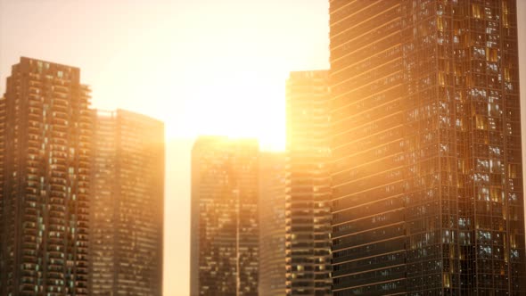 Sunset Aerial Shot of Skyscrapers of Business Centre